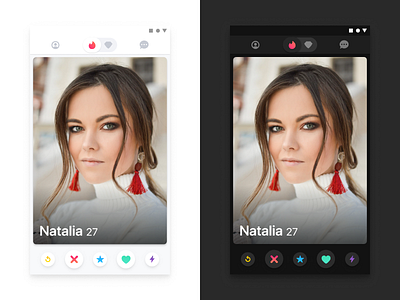 Tinder - The Ultimate Guide to Designing Dark Theme android android app carousal dark mode dark theme dating datingapp gallery gestures heart images ios ios 13 ios app light theme love material design model swipe tinder