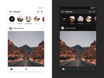 Instagram - The Ultimate Guide to Designing Dark Theme android android app carousal dark mode dark theme gallery gestures images instagram ios ios 13 ios app light theme material design model photographer photos social media swipe