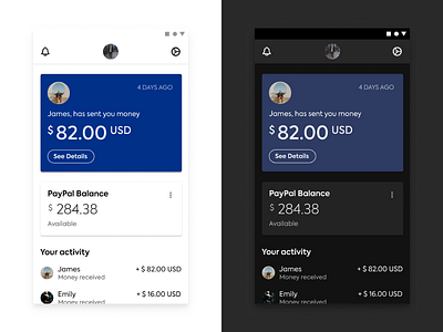 PayPal - The Ultimate Guide to Designing Dark Theme android android app cards crypto wallet cryptocurrency currency dark mode dark theme gestures ios ios 13 ios app light theme material design model money payment paypal swipe transaction