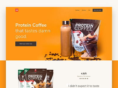 Protein Coffee - Ecommerce Website Redesign badges checkout checkout form ecommerce ecommerce app ecommerce design footer navigation nutrition pagination pricing product page rating redesign review stars testimonial website website concept website design