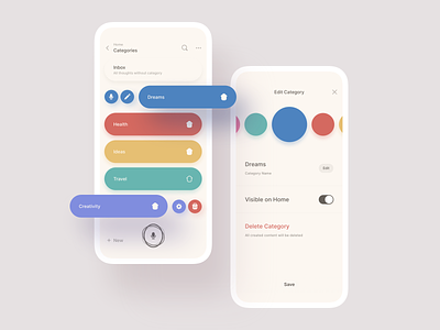 CocoonWeaver: Where Ideas Grow — Categories app categories circles clean colorful colors edit fab ideas interface list view minimal mobile mobile ui product design settings swatches ui ux visual