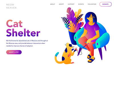 Cat shelter affinitydesigner cat cat illustration character character concept conception design girl gradient illustration plants play ui vector web web deisgn