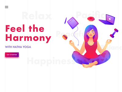 Feel the Harmony. Yoga conception affinitydesigner concept conception design donut girl gradient hamburger hatha illustration mac page pink purple tablet ui vector web web deisgn yoga