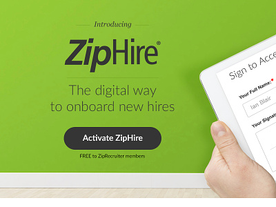 ZipHire Product Landing Page digital hires landing onboard page web ziphire ziprecruiter