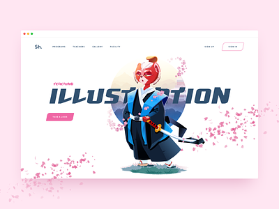 Homepage for Online Illustration Courses 2d cat character design character illustration concept design school home page illustration illustration for web illustration school landing page samurai vector web design web illustration website