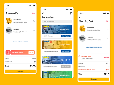 IKEA - Shopping Cart cart checkout ecommerce ikea ios payment product design shipping shopping ui ux vouchers