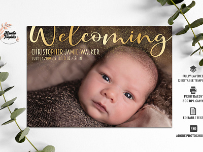 Baby Announcement Card Template baby boy announcement card baby card birth announcement design gold gold foil gold text new baby new baby card photoshop templates printable invitation