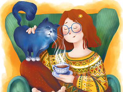 A girl with her cat armchair beverage cat coffee girl leisure peace relax sweater tea teatime together