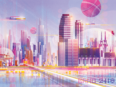 Hello Dribbble! ball city debut debut shot dribbble first first shot illustration invitation shot skyscrapers thanks