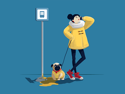 Waiting for life blue character city dog girl illustration street waiting yellow