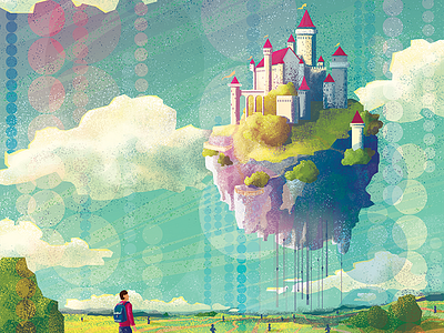 Castle of dreams blue castle clouds colorful countryside dream fly illustration journey life vector way