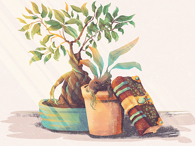 Just a little magic bonsai book fairies fairy harry potter illustration magic mandragora plants spells table things