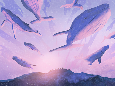 Whale dream dream flying illustration mountains purple sky sunset whales