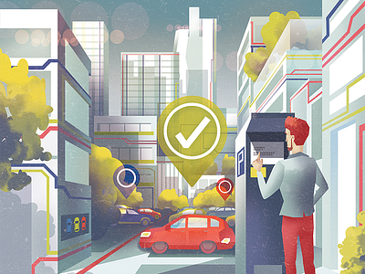 Residential zoned parking 2 building building blocks cars city future gradient illustration magazine park residential parking tech time trees utopia zone