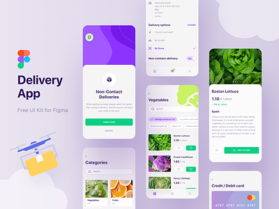 Free UI Kit | Delivery App android cards chips clean delivery app development drone e commerce e shop figma green ios iphone non contact delivery options payment switch ui kit uiux violet