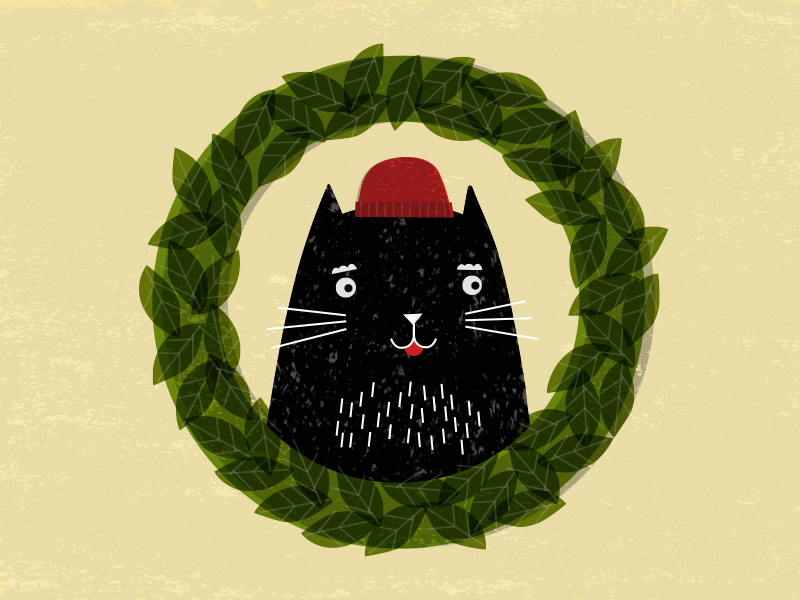 Meowy Christmas beanie cat christmas circle green leaves meow red wreath