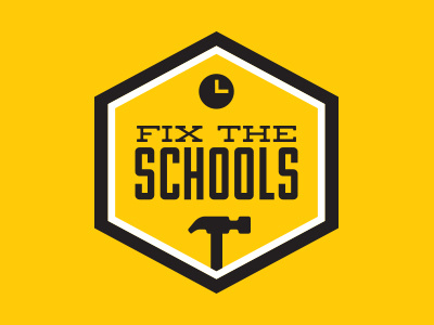 Fix The Schools badge clock construction detroit hammer logo schools tools