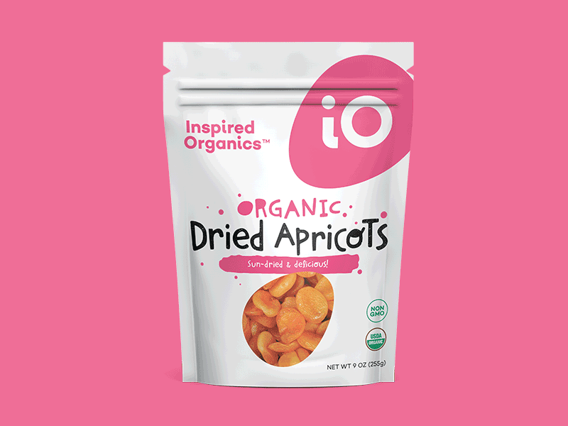 iO Confection Pouches apricots branding confection pouches food organic food packaging design pouch quinoa seeds