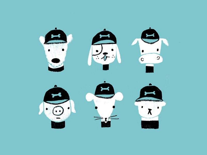The Fluffers cub cow mouse teammates baseball hat puppies pig dog portaits sports team baseball animals