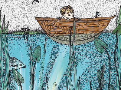 book illustration boat boy children children illustration fish illustration lake nature plants water