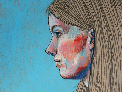 autoportrait autoportrait blue drawing face girl hair illustration oil pastels pastels pencil portrait red