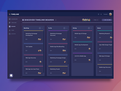 Timelinr.com Boards app dark design interface planning product theme timeline trello ui ux web