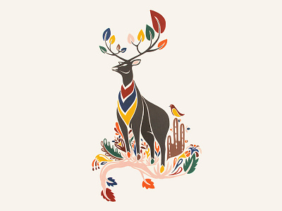 Keh bird deer illustration mural