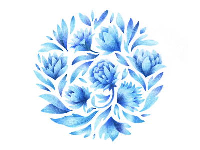 Circle of flowers blue drawing flowers illustration