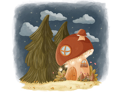 Night in the woods childrenillustration cottage evening fairy fairy tale flower forest garden house illustration mushroom
