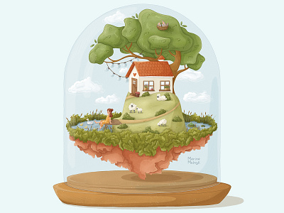 My miniature dream world under a glass cartoon cottage forest house illustration miniature miniature world sheep tiny world world