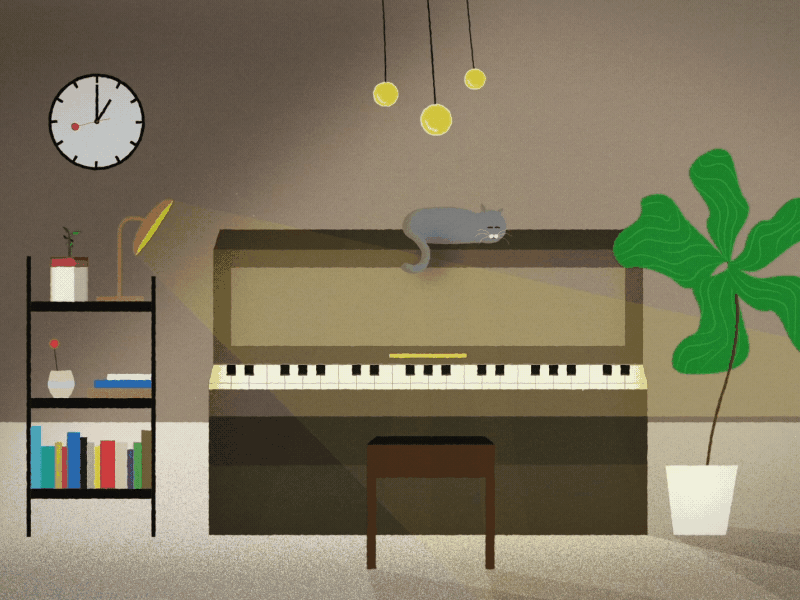 Cat on the piano cat clock illustration light piano plants