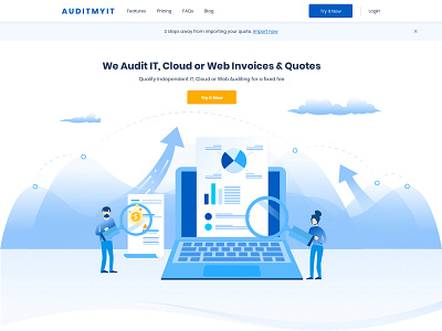Landing page header audit chart cloud illustration monitor quote report research