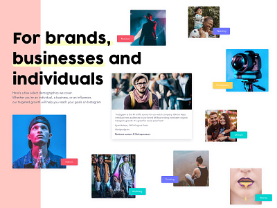 Categories with testimonials page brands categories category cloud design fashion influencers instagram minimal profile testimonial ui