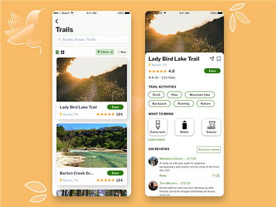 Trails App austin backpacking bird cards daily ui challenge explore find trails illustration information hierarchy interaction design product design reviews trails trails app travel ui challenge ui design uiux visual design what to bring