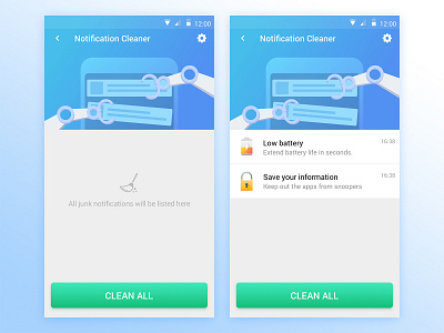 Notification Cleaner UI app blue button clean clean design clean ui cleaner cleaners flat flat design flatdesign icon illustration launcher purple ui ui design uiux vector vectorart