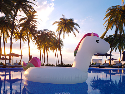 Summer Unicorn 3d 3dsmax caustic corona inflatable pool render unicorn water