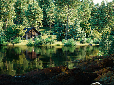 Lakeside house 3d 3dsmax corona design exterior forest interior render zhitnik