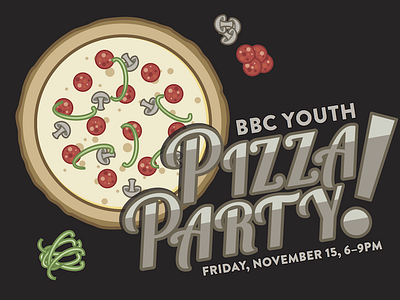 Pizza Party Announcement announcement brandon grotesque church green peppers illustration lobster lobster two mushrooms party pepperoni pizza youth