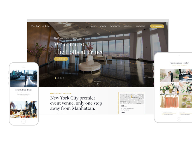 The Lofts at Prince sophisticated luxury elegant gold location event venue clean web design