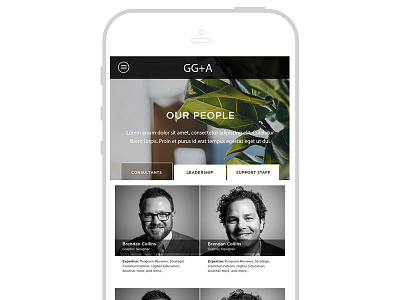 GG+A Website Mobile about design history homepage leadership mobile photo responsive website