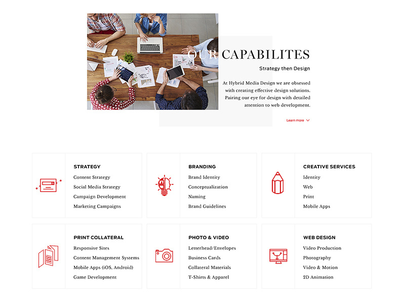 Capabilities Section - Web Design icons services capabilities branding strategy video photo web print agency