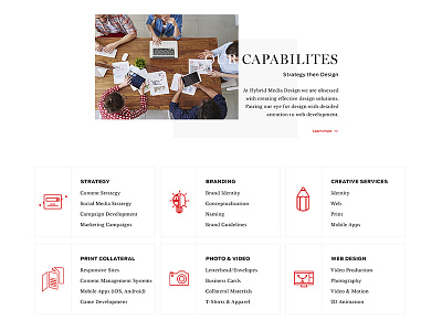 Capabilities Section - Web Design agency branding capabilities icons photo print services strategy video web