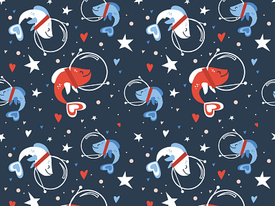 Fishes in cosmos seamless pattern children cute fish funny character helmet illustration kid love pattern space stars vector