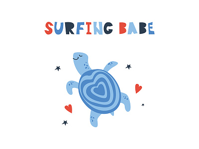 Surfing babe. font illustration kid lettering surfing tortoise turtle vector