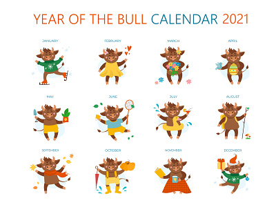 Year of the Bull Calendar 2021. Cute cows Illustrations 2021 2021 calendar bull chinese calendar cow cute cow illustraion illustrator month vector