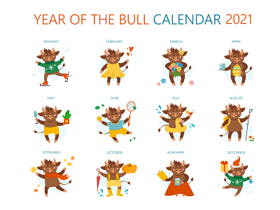 Year of the Bull Calendar 2021. Cute cows Illustrations