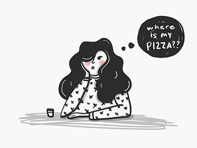 Where is my pizza black and white digital art doodles drawing food girls illustration lettering pizza sketch women