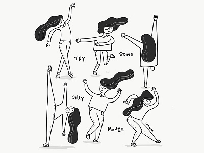 Try Some Silly Moves black and white comic dance digital art doodles drawing girls illustration lettering mood sketch work in progress