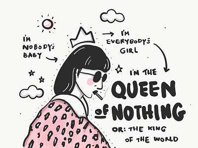 Queen Of Nothing black and white digital art doodles drawing first aid kit girl illustration lettering lyrics queen quotes sketch