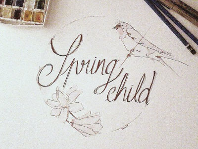 Spring Child birds flowers illustration lettering spring watercolor